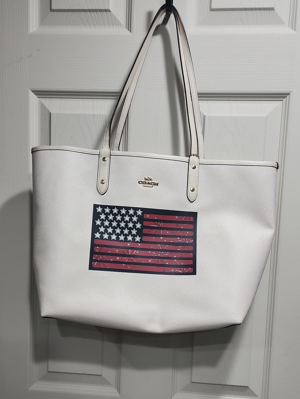 Coach White Leather Tote with Flag Graphic